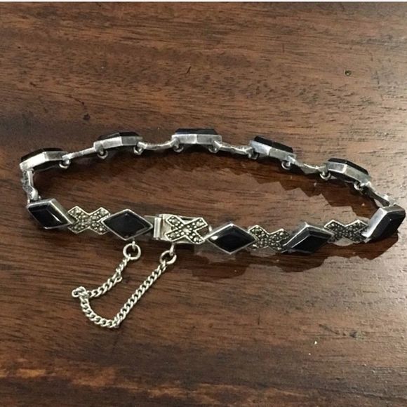 Vintage Black Onyx Marcasite Sterling Silver Tennis Bracelet - Picture 3 of 8